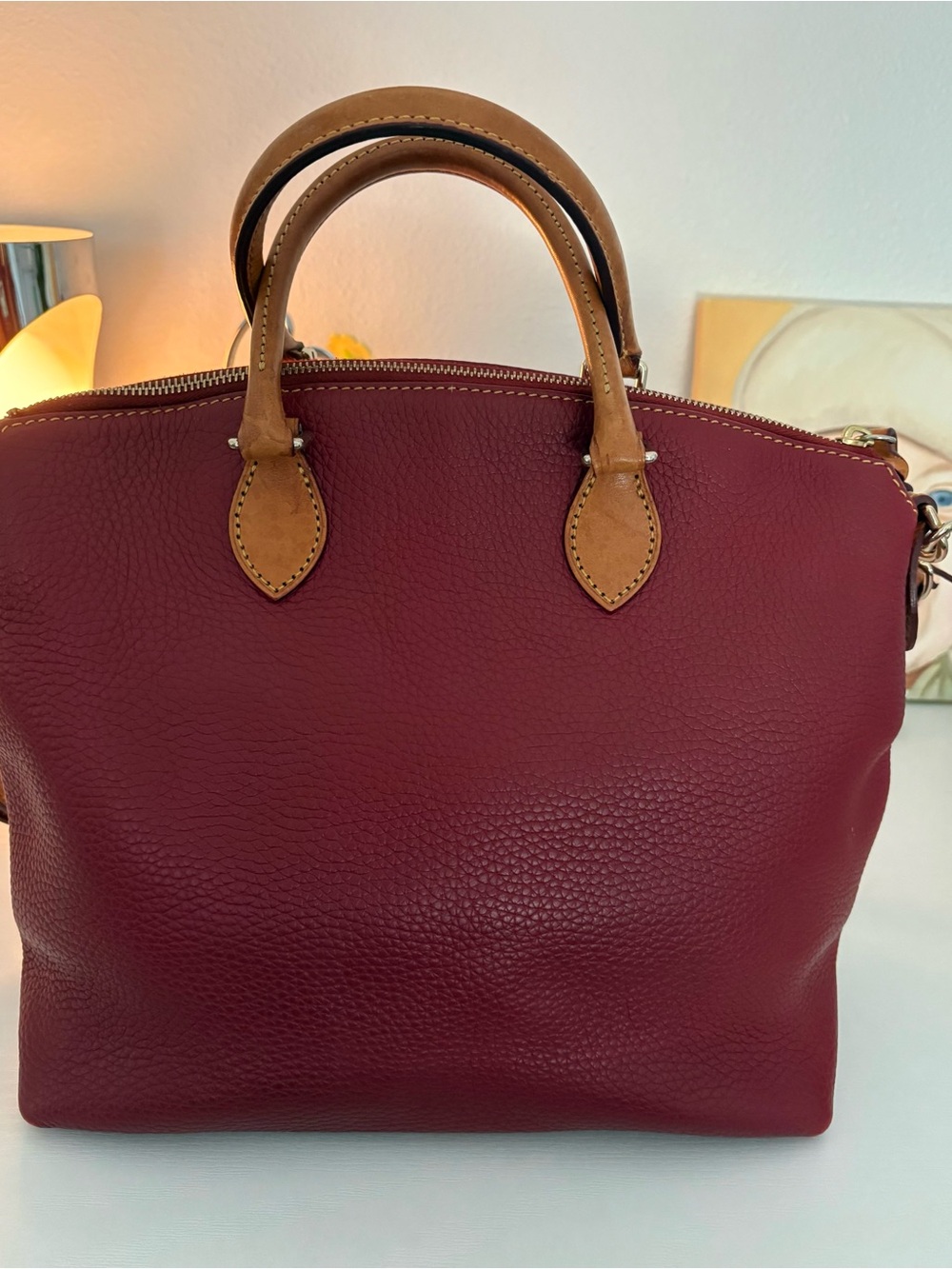 Dooney & Bourke Dillen Burgundy Leather Satchel with Tan Trim - Picture 2 of 10